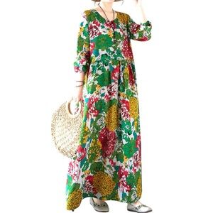 Vibrant Floral Long Sleeve Maxi Midi Dress Sz M 100% Cotton, Linen Feel Green
